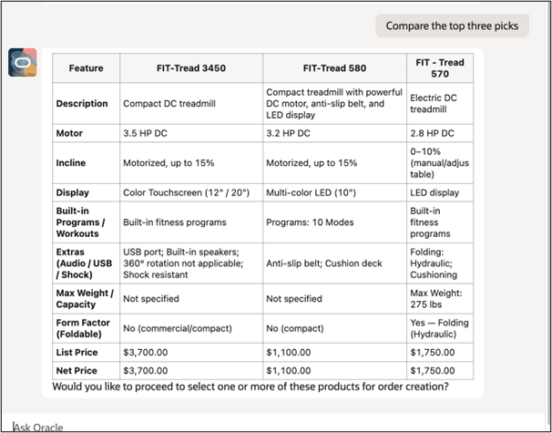 The agent shows a side-by-side comparison of possible products.