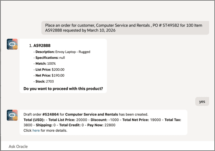 Agent showing typical order type request with standard details.