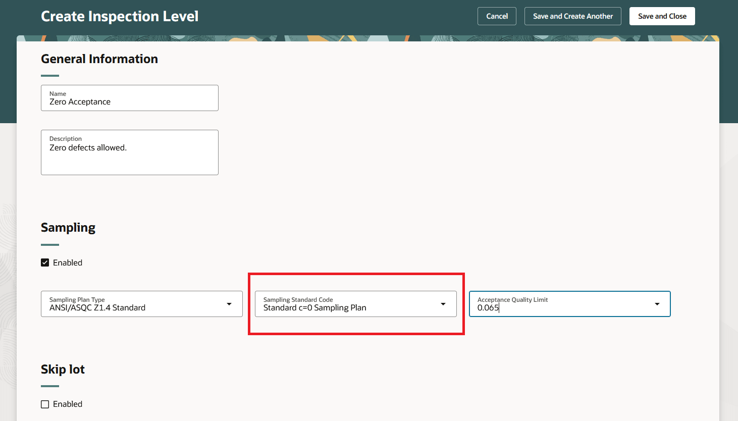 Define a Standard C=0 Sampling Plan inspection level
