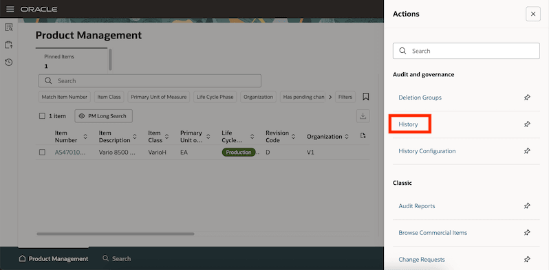 Actions Drawer - History