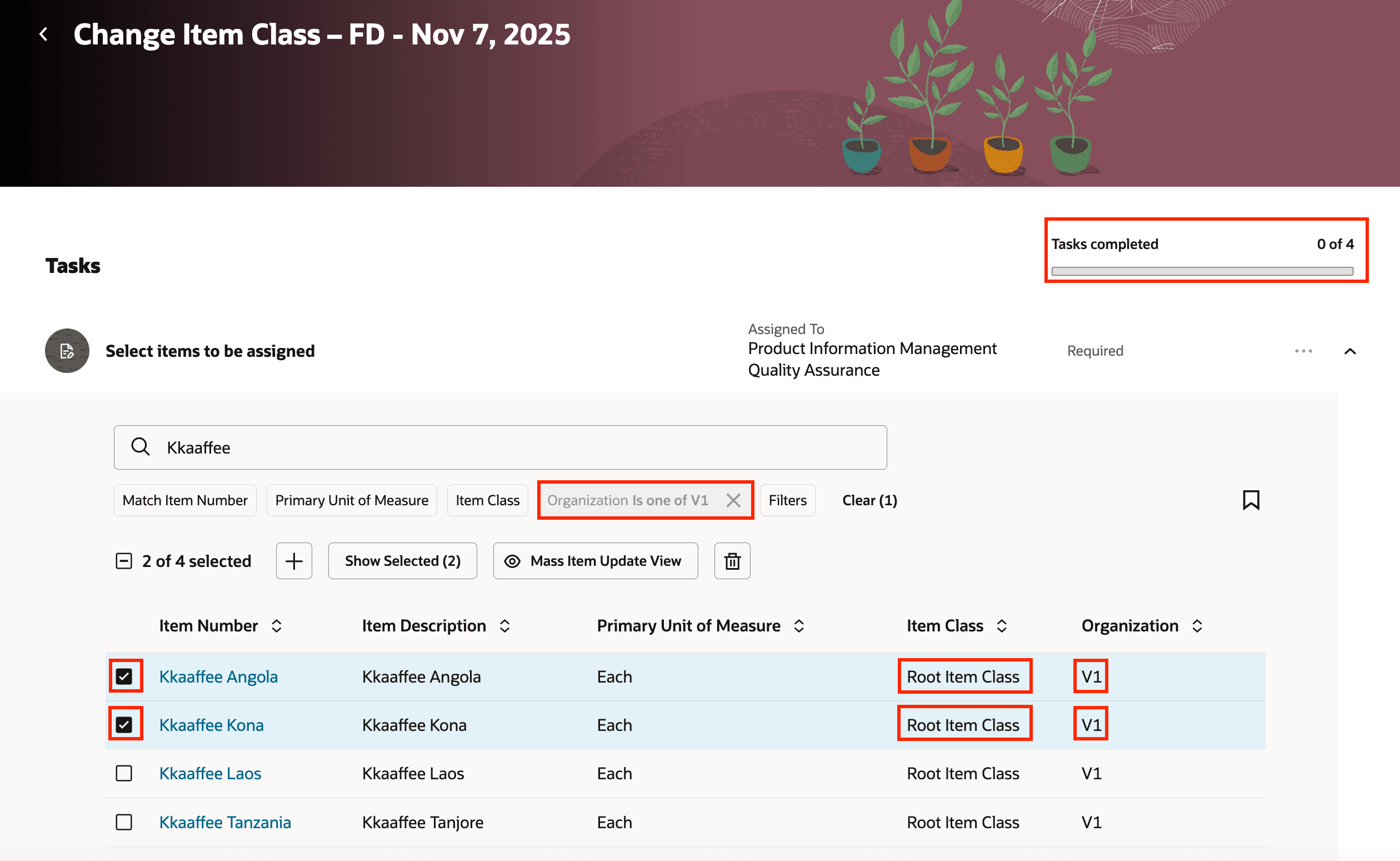 Items Selected for Assignment