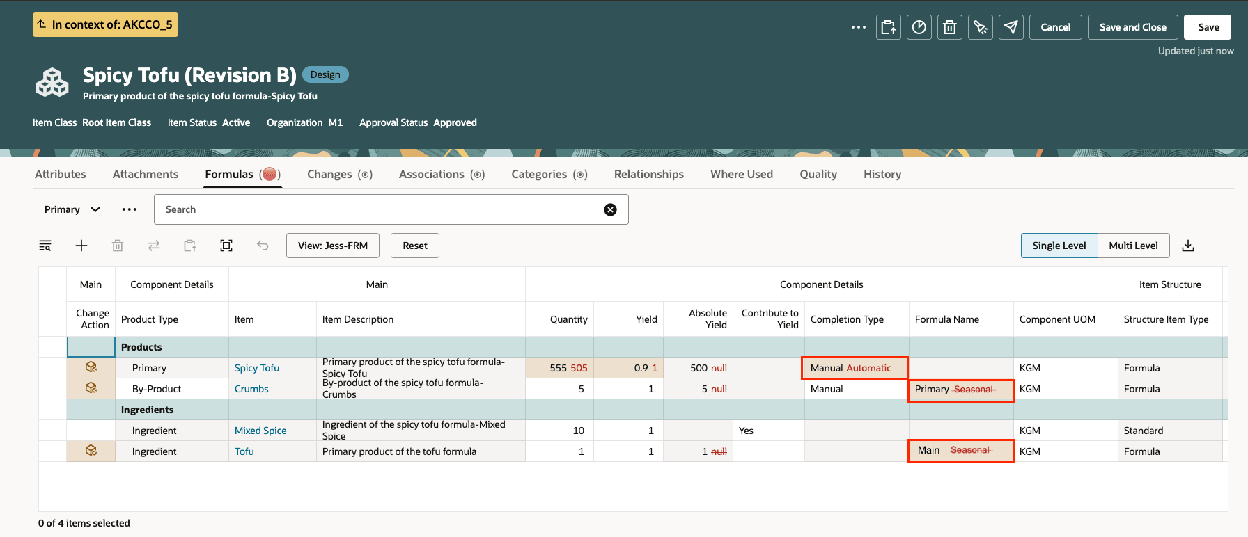 Caption: Redline Completion Type on a Primary Product and Formula Name on By-Product and Ingredient