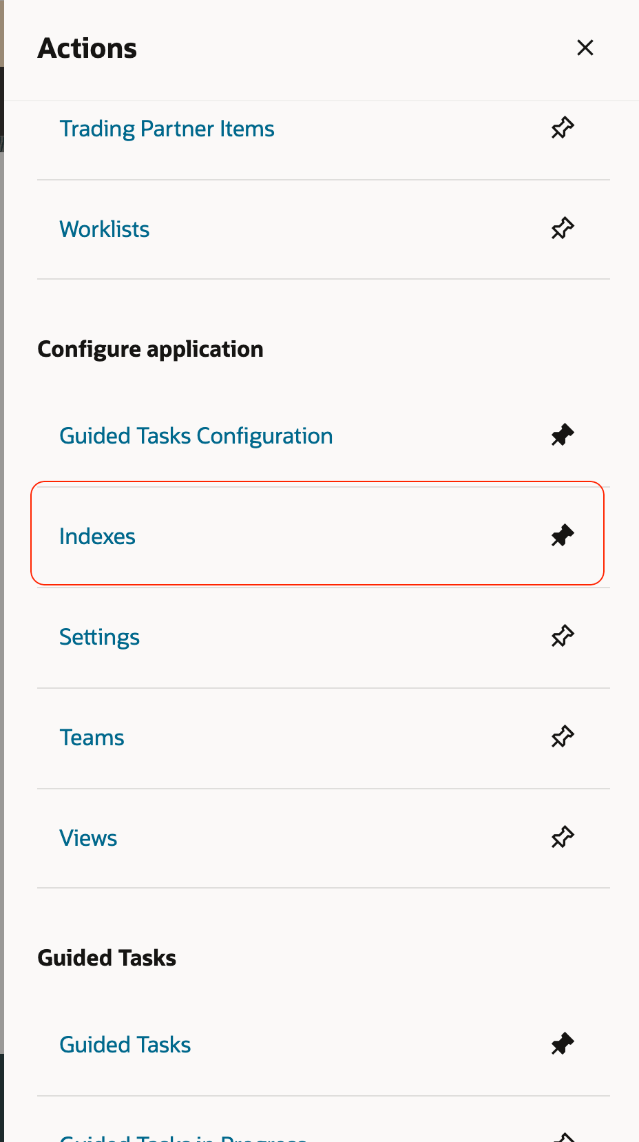 Actions Drawer - Indexes