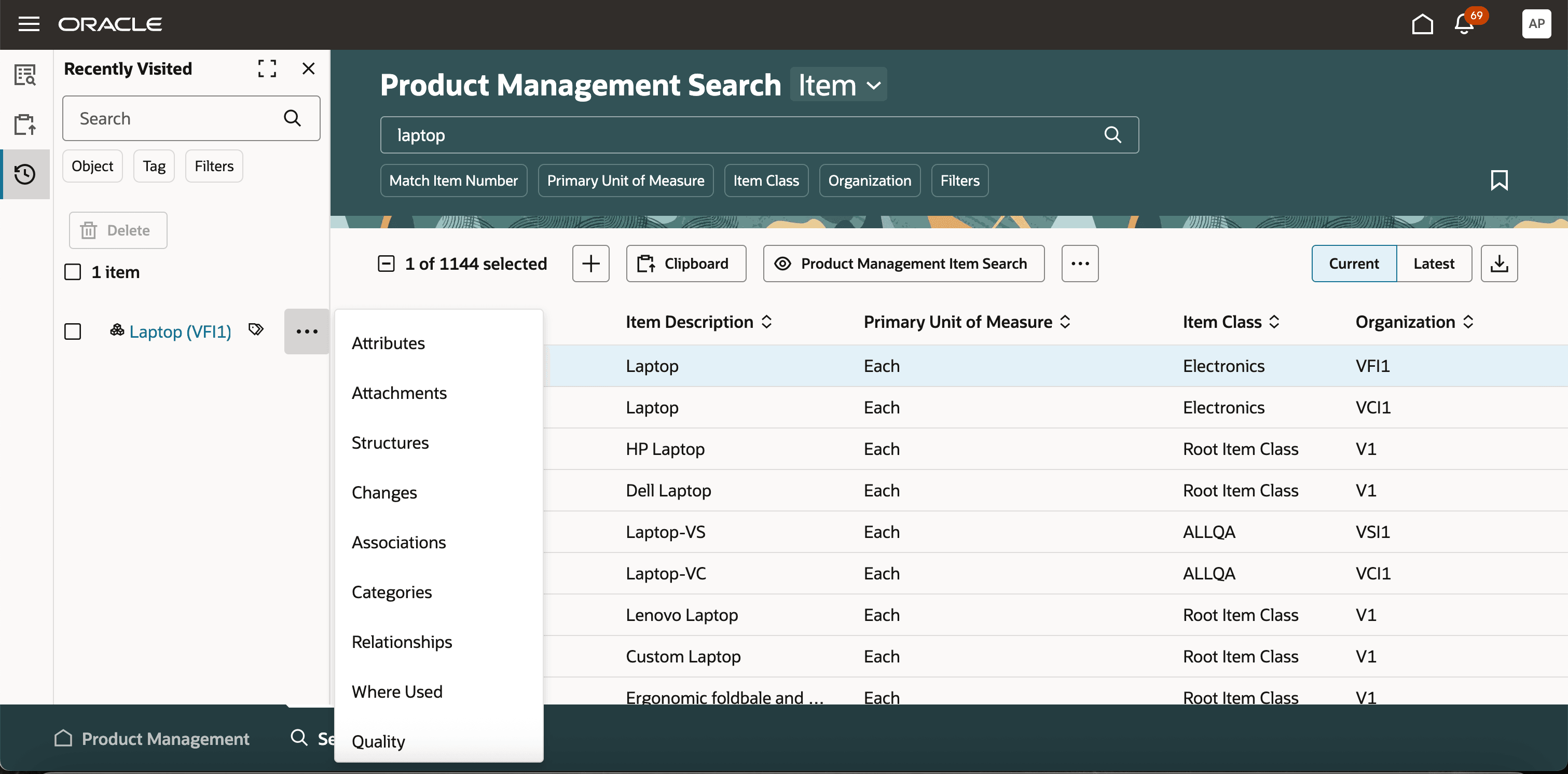 Item in Recently Visited