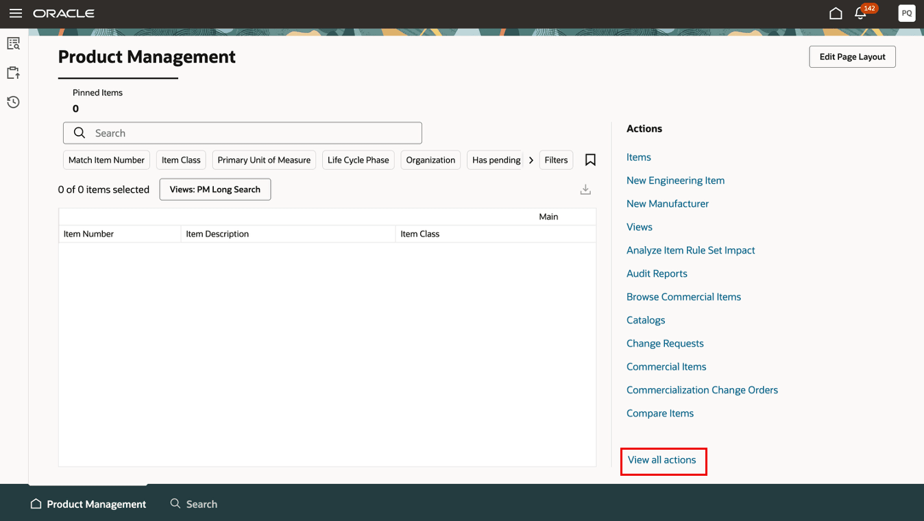 Product Management Page - View all actions Link