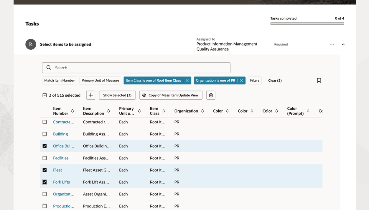 Items Selected for Assignment