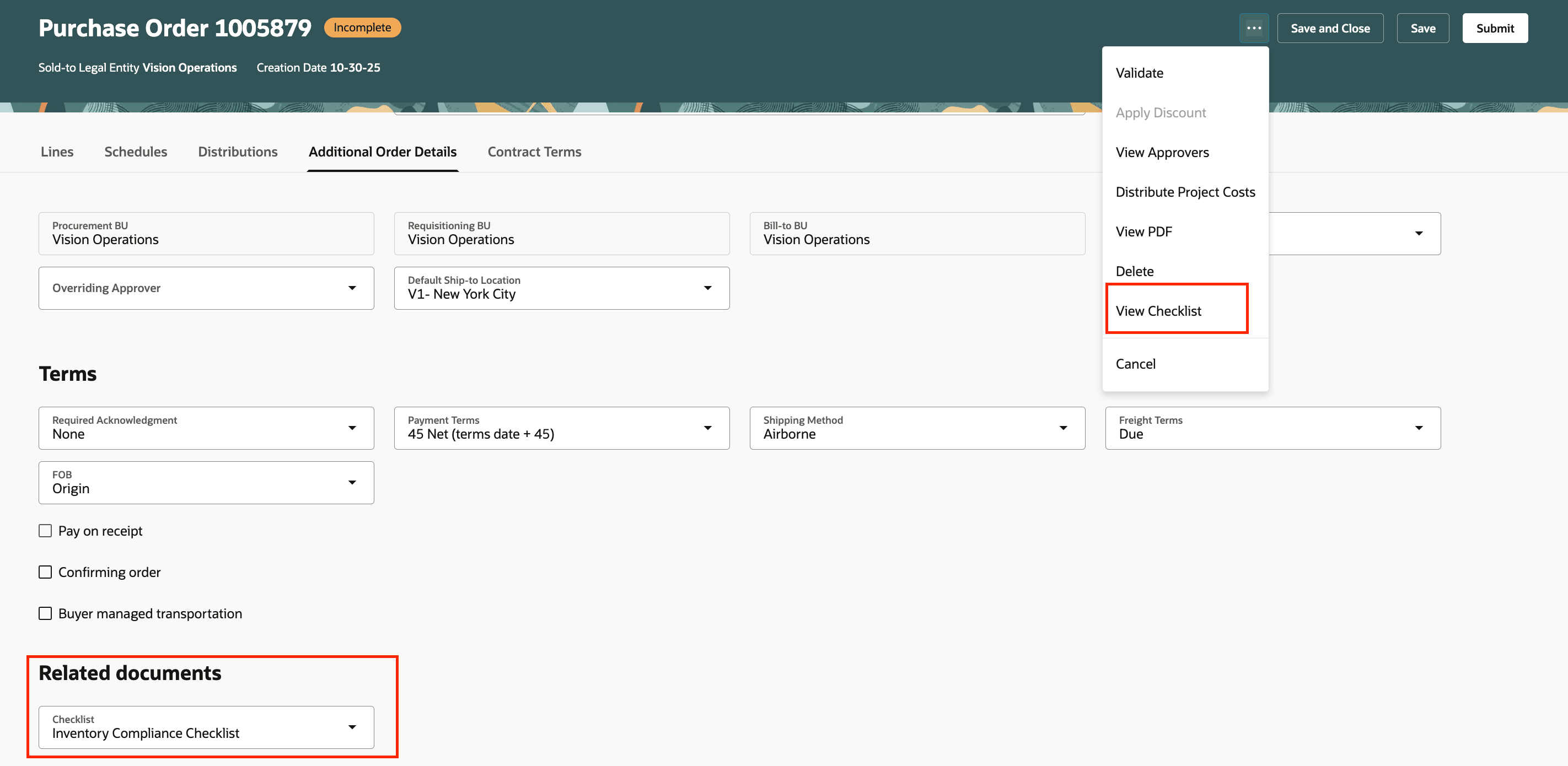 View Checklist Action on the Purchase Order