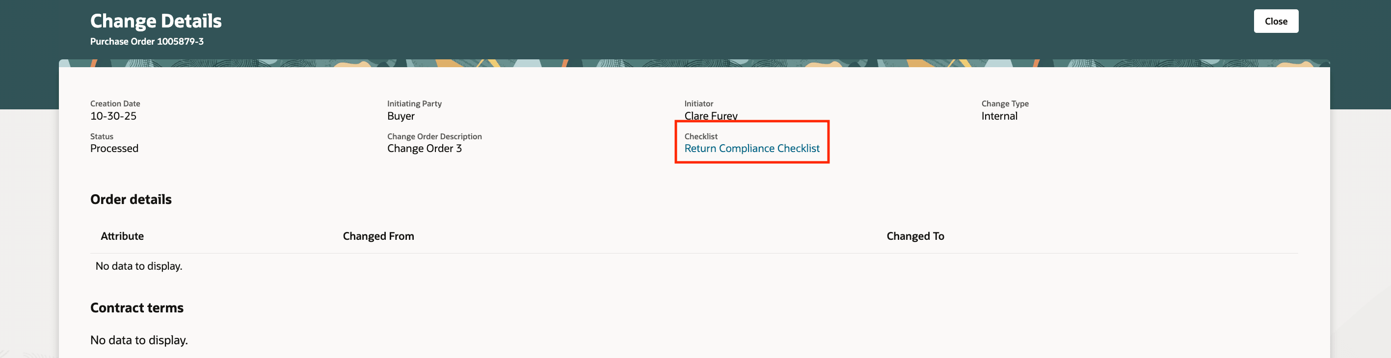Checklist in Change Details page