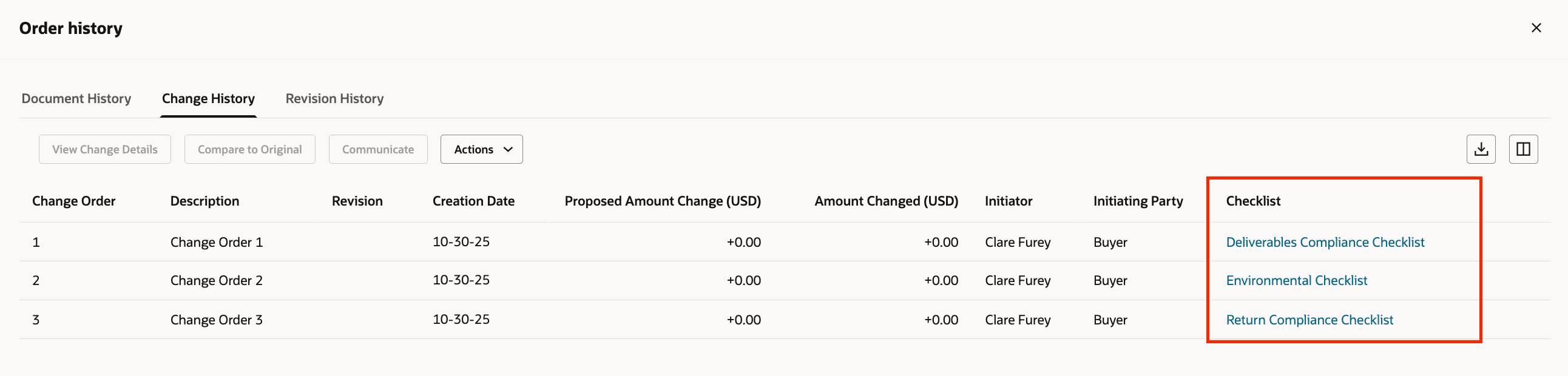 Checklist in Change History page