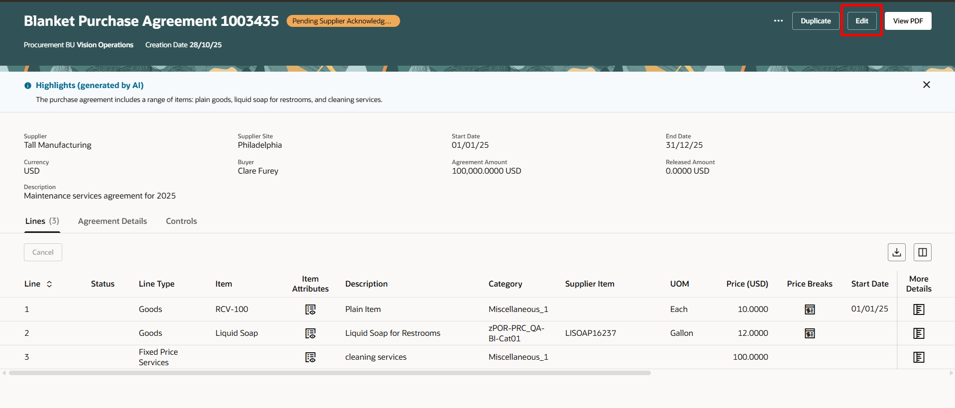 Create Change Order Using the Edit option on a Purchase Agreement