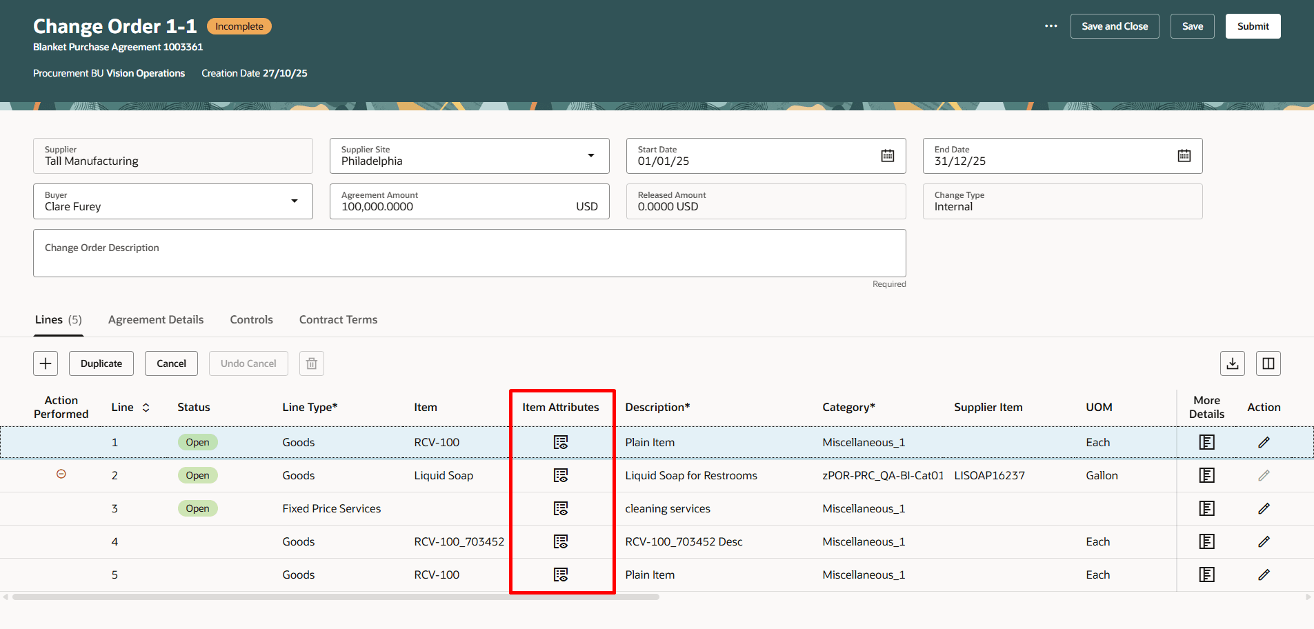 Use the Icon to Update the Item Attributes for Change Order Lines