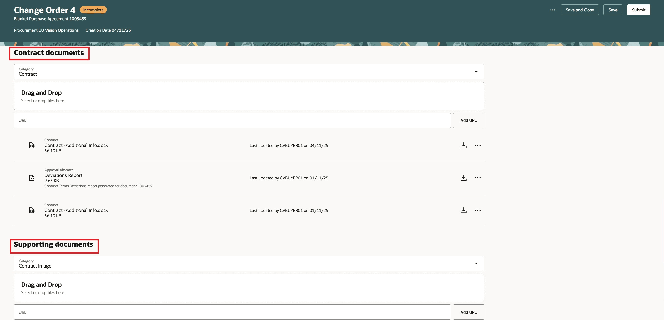 Use Contract and Supporting Documents to Add, Update or Remove Documents in Contract Terms