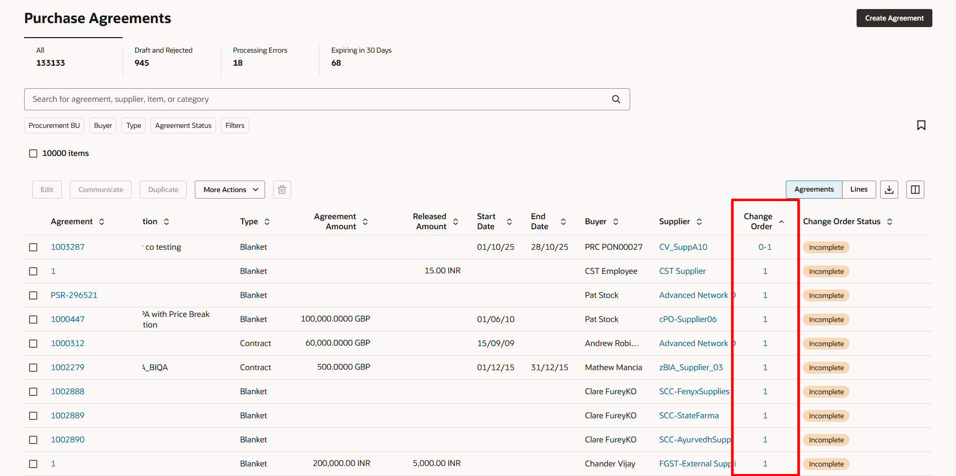 Navigate to Purchase Agreement&nbsp; Change Order by Clicking on the Change Order Hyperlink