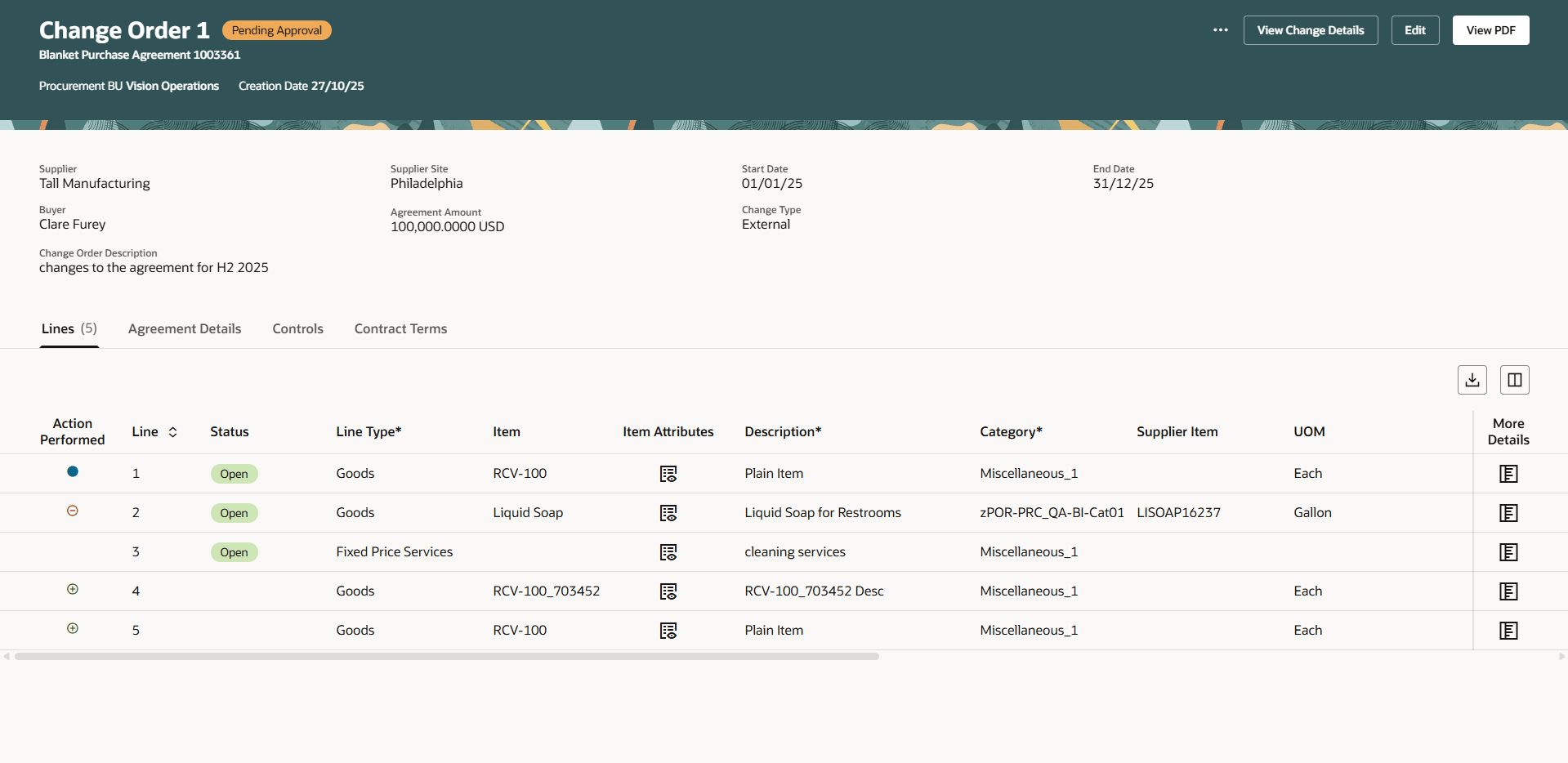Purchase Agreement Header and Line Details on the View Change Order Page&nbsp;