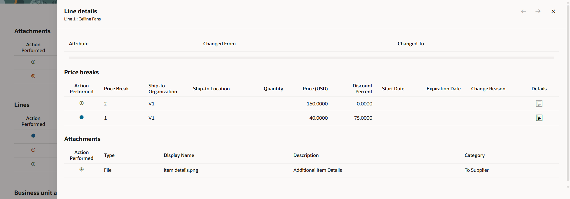 Line Details Drawer for Blanket Purchase Agreement Line Changes