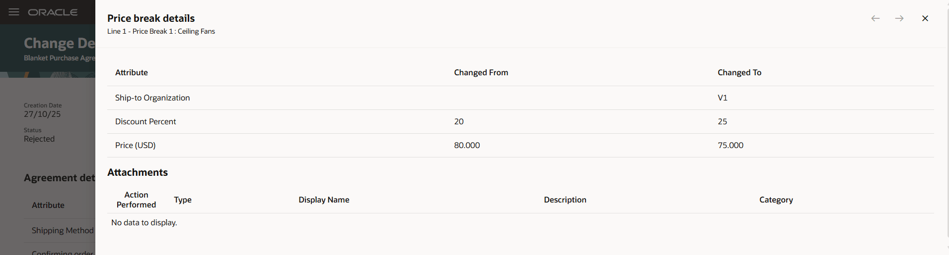 Price Break Details Details Drawer for Blanket Purchase Agreement Line Price Break Changes