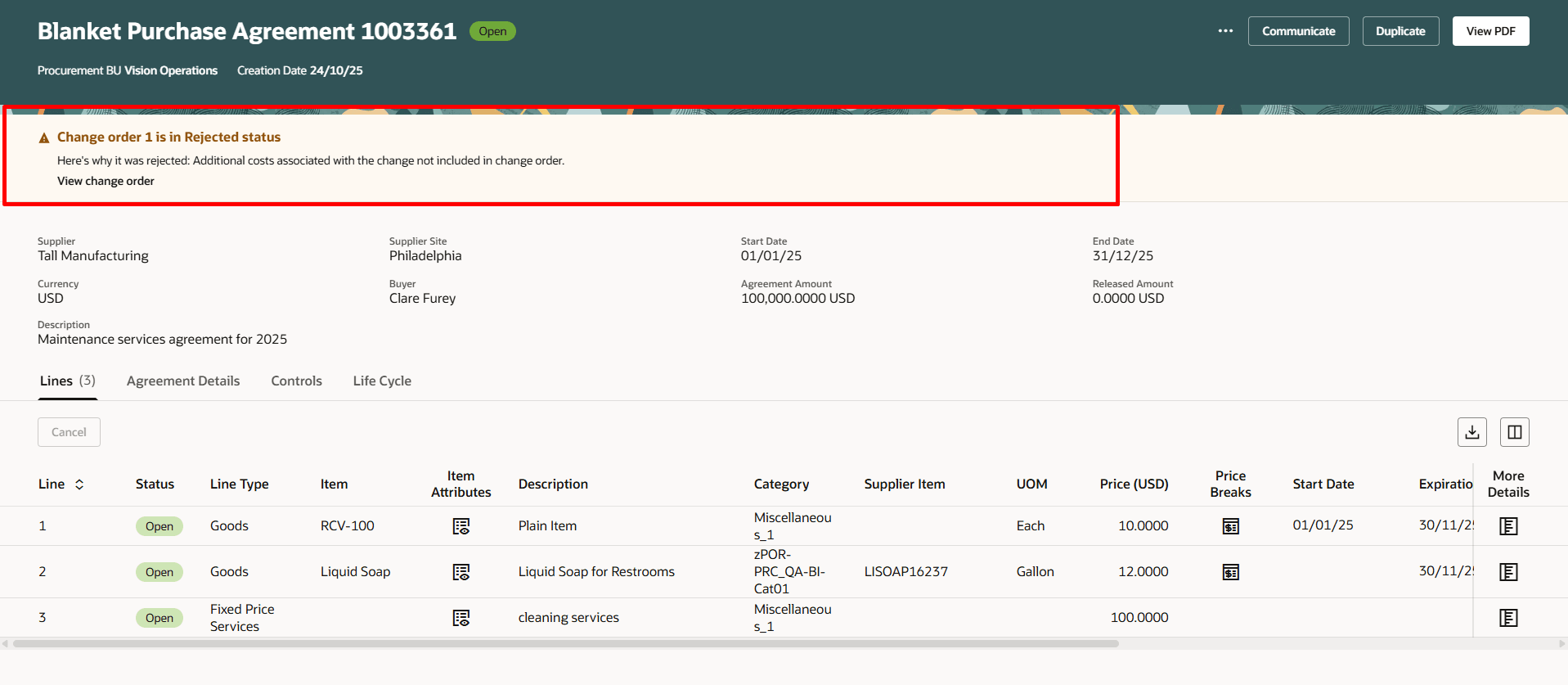 Change Order Banner Showing the Rejection Reason&nbsp;for a Change Order&nbsp;
