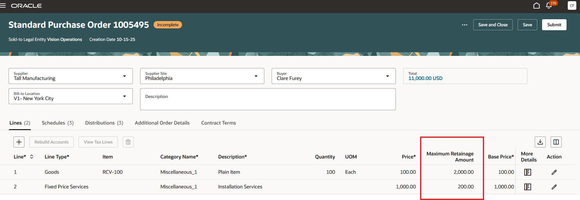 Enter Retainage Terms on Purchase Order Line