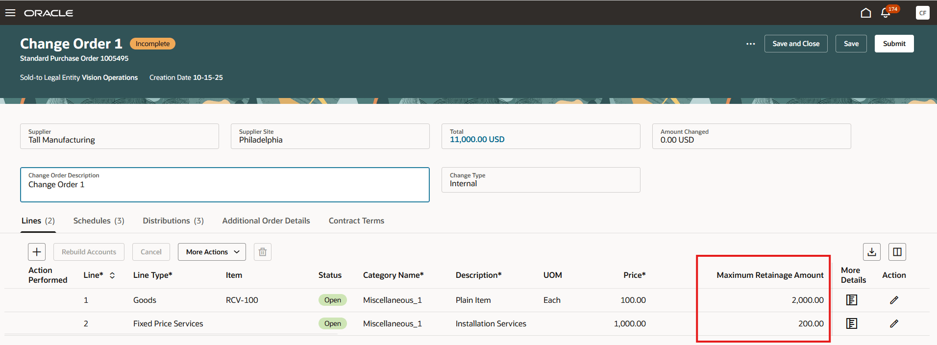 Retainage Terms in Change Order line