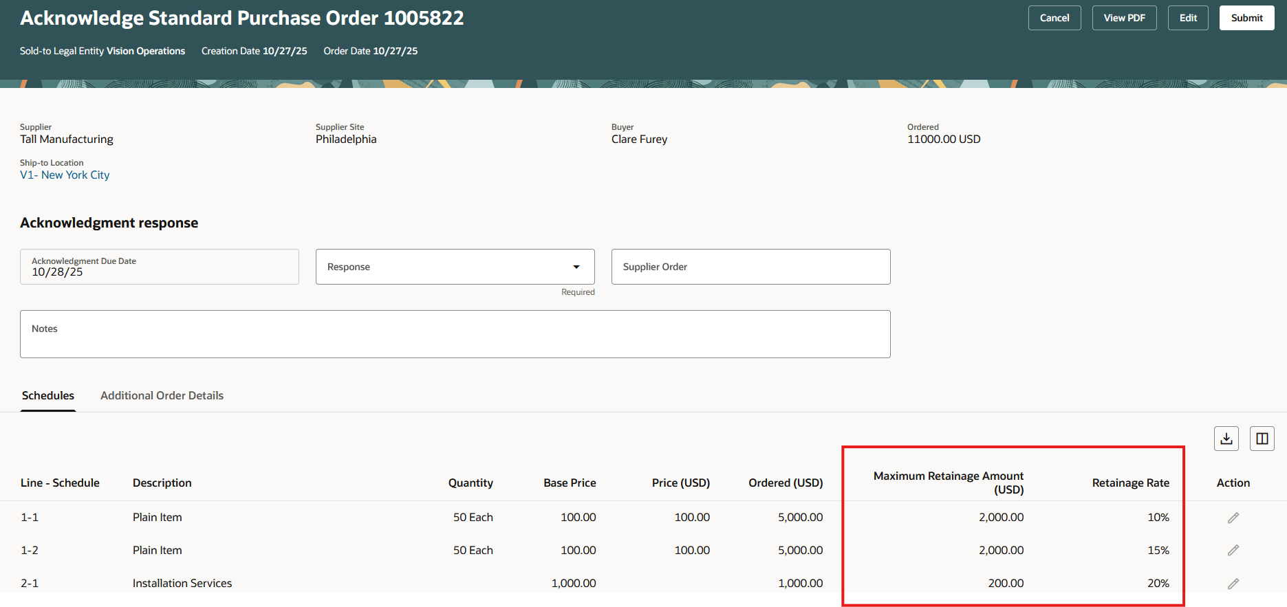 View Retainage Terms During Purchase Order or Change Acknowledgement
