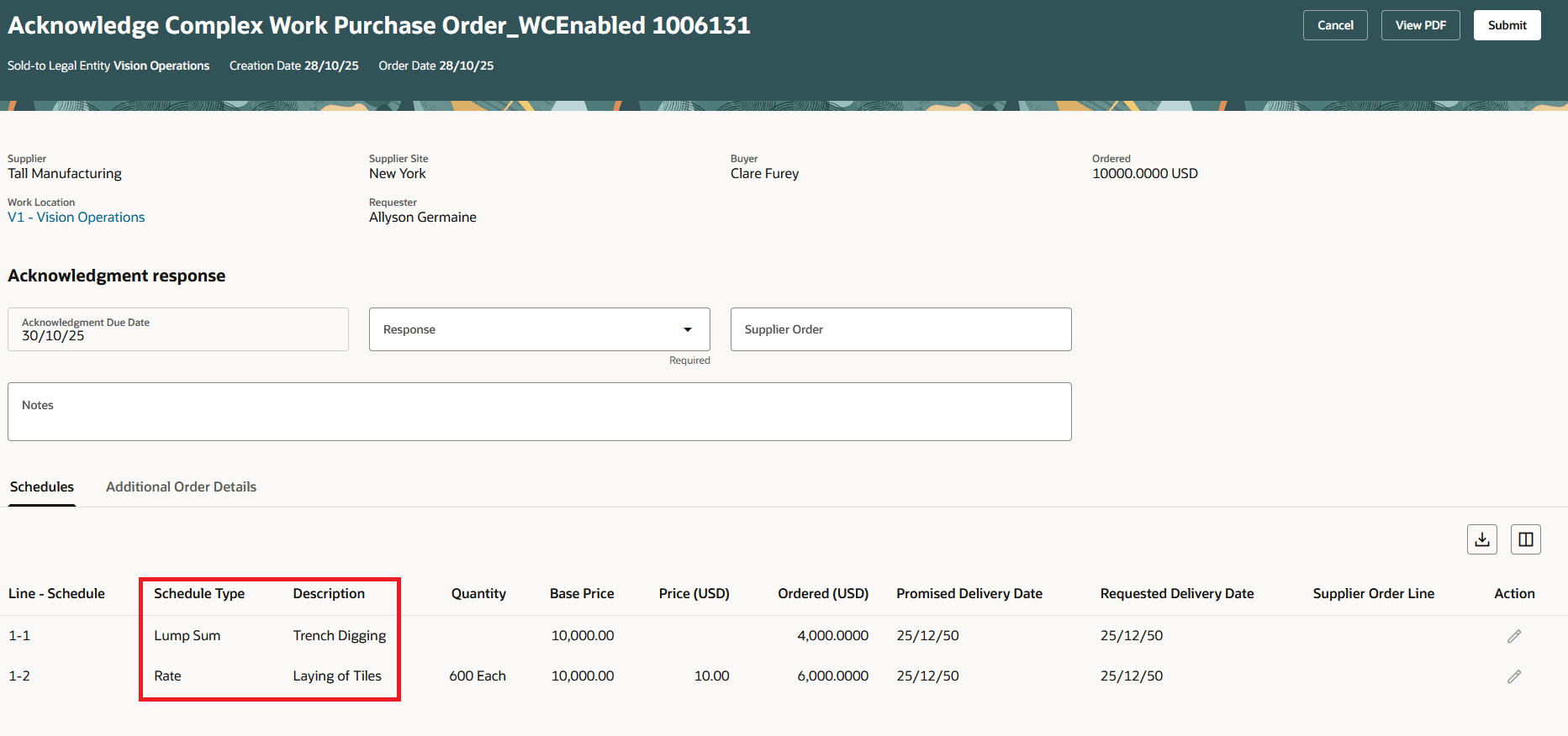 Acknowledge Complex Work Purchase Order with Lumpsum and Rate based Schedules