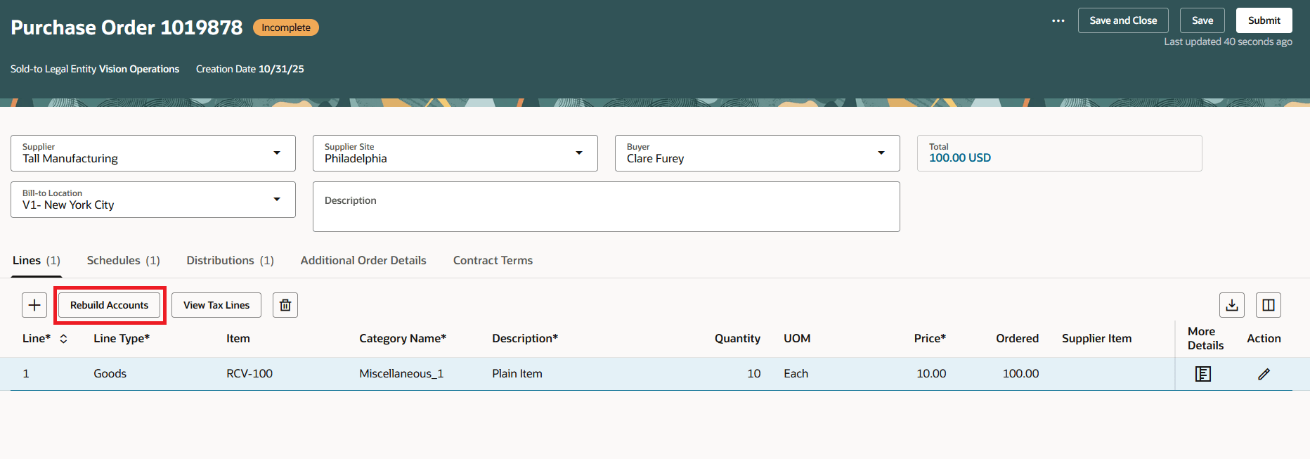 Rebuild Accounts Action on Purchase Order Line