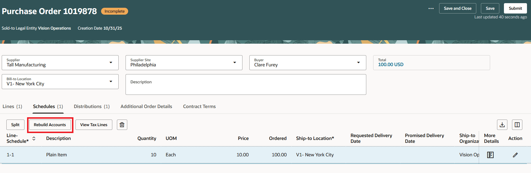Rebuild Accounts Action on Purchase Order Schedule
