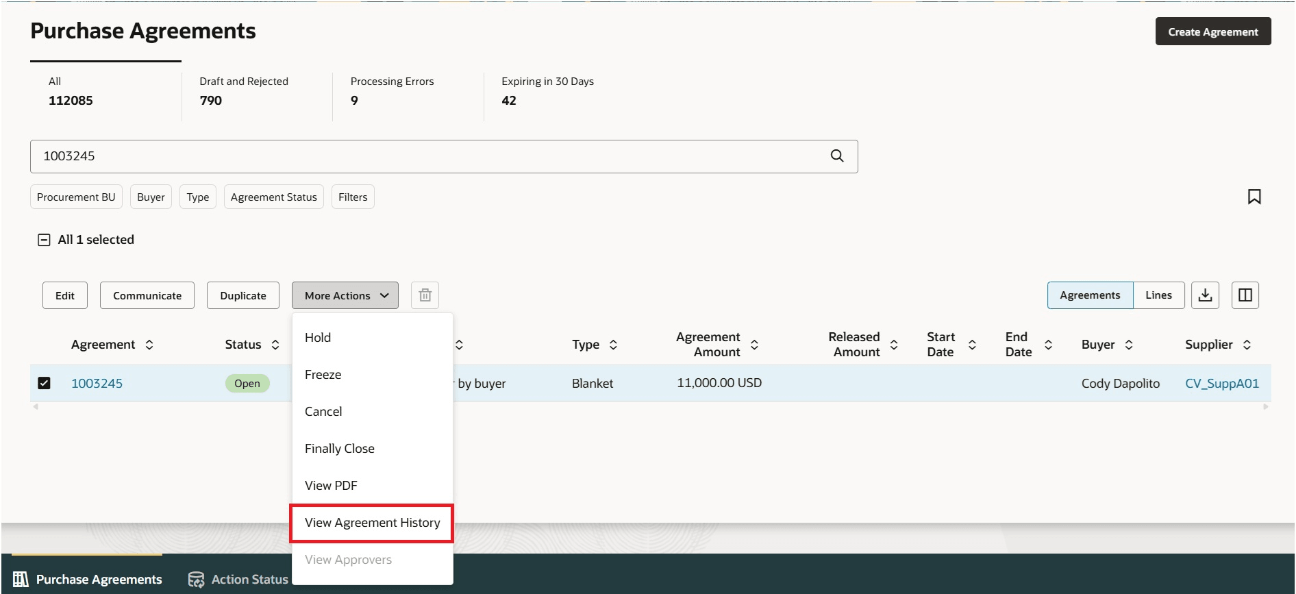 View Agreement History Action on Redwood Purchase Agreements Page