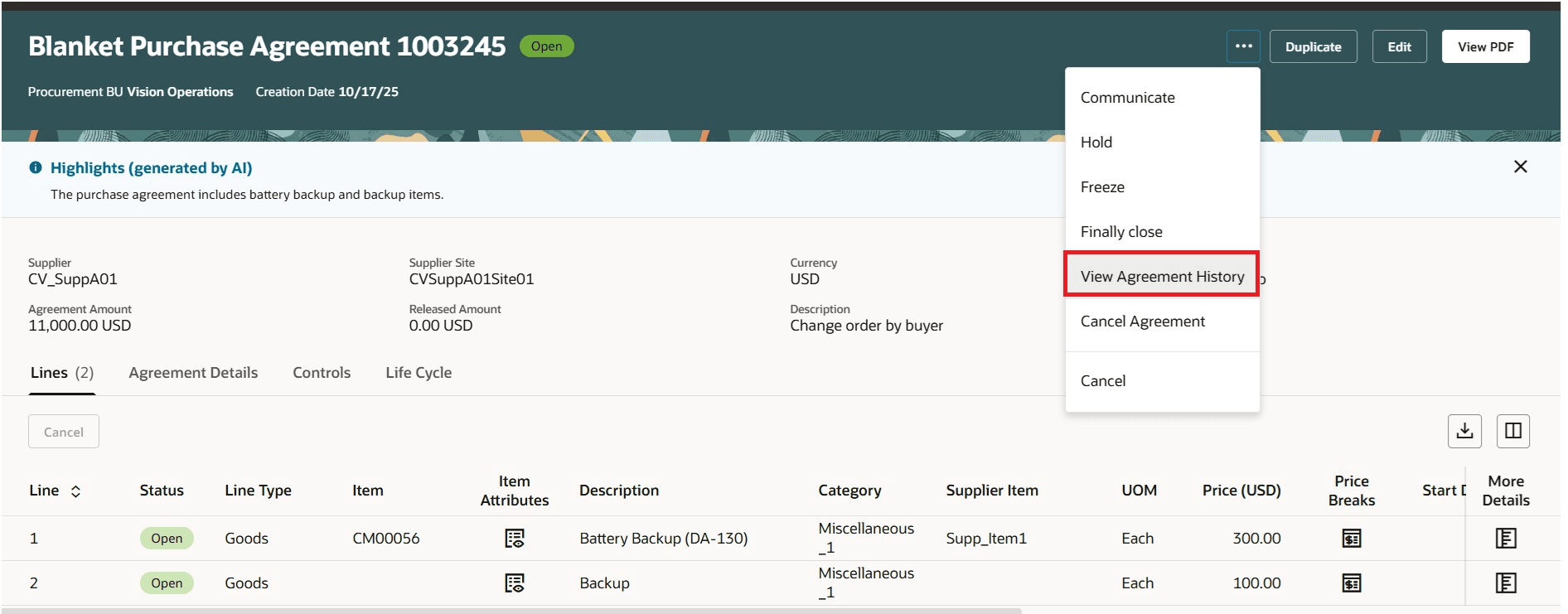 View Agreement History Action on the View Purchase Agreement Redwood Page