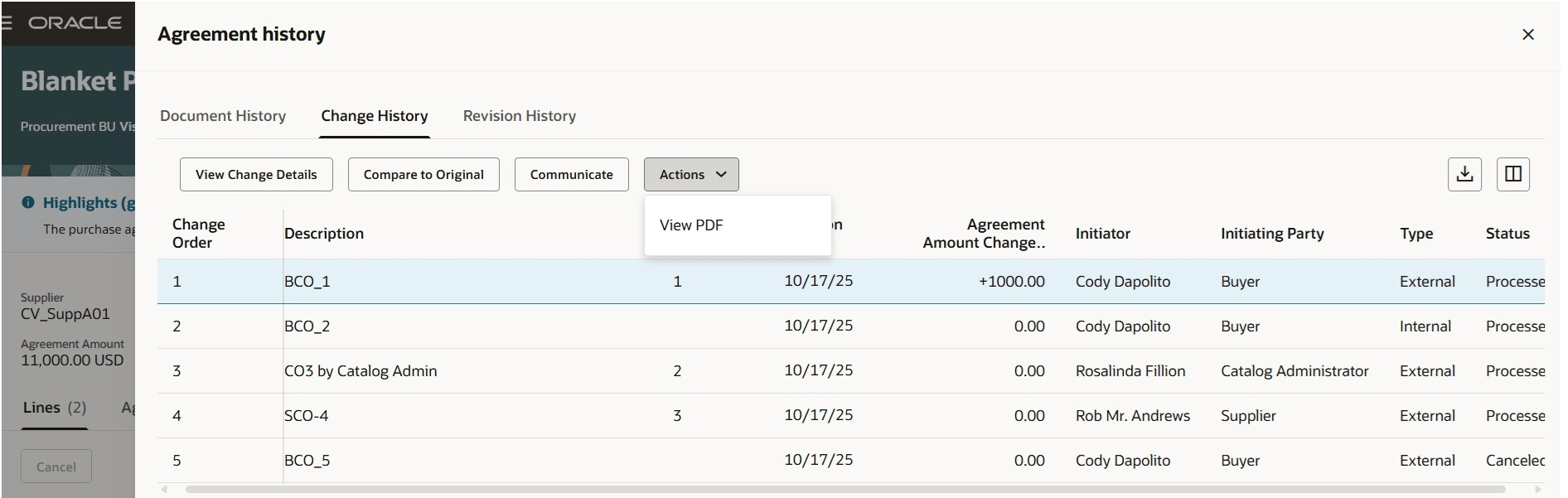 Change History Tab on the Agreement history Drawer 