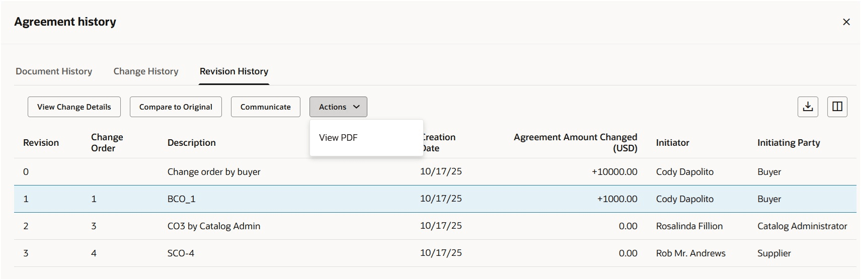 Revision History Tab on the Agreement history Drawer 