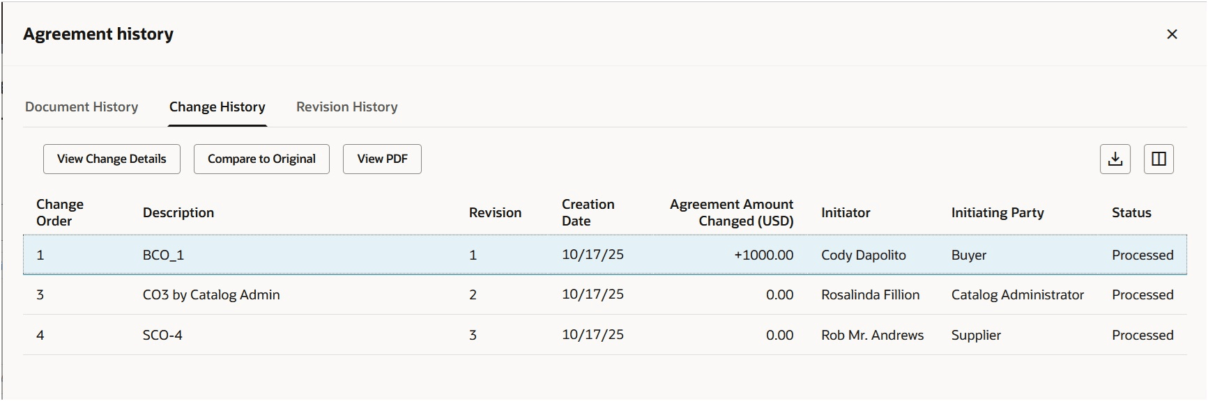 Supplier View of Change History Tab