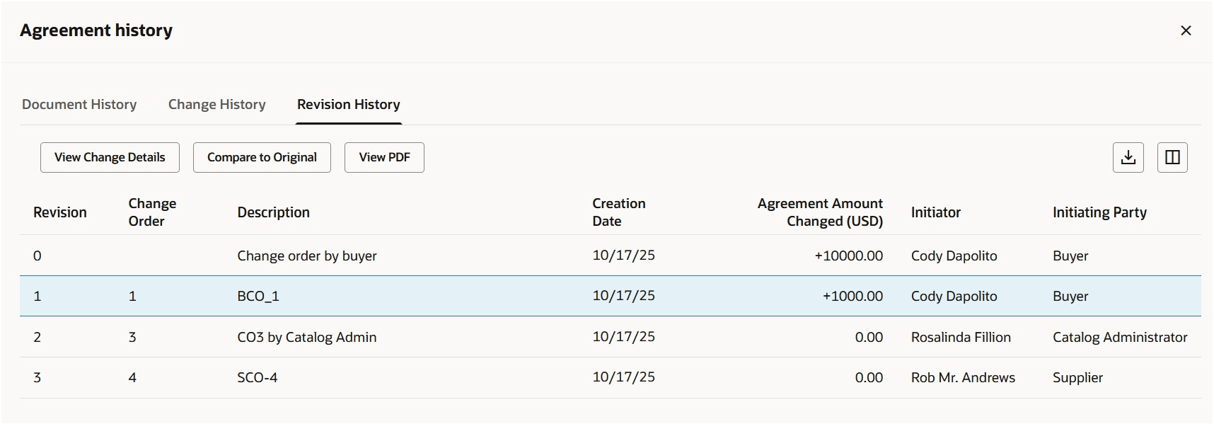 View of Revision History as a Supplier
