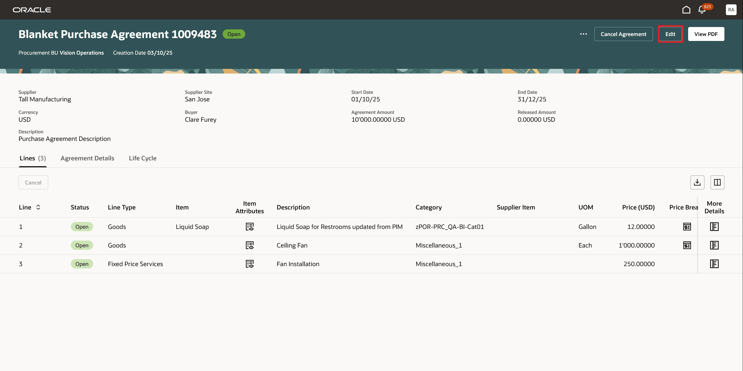 Create Change Order Using the Edit option on a Purchase Agreement