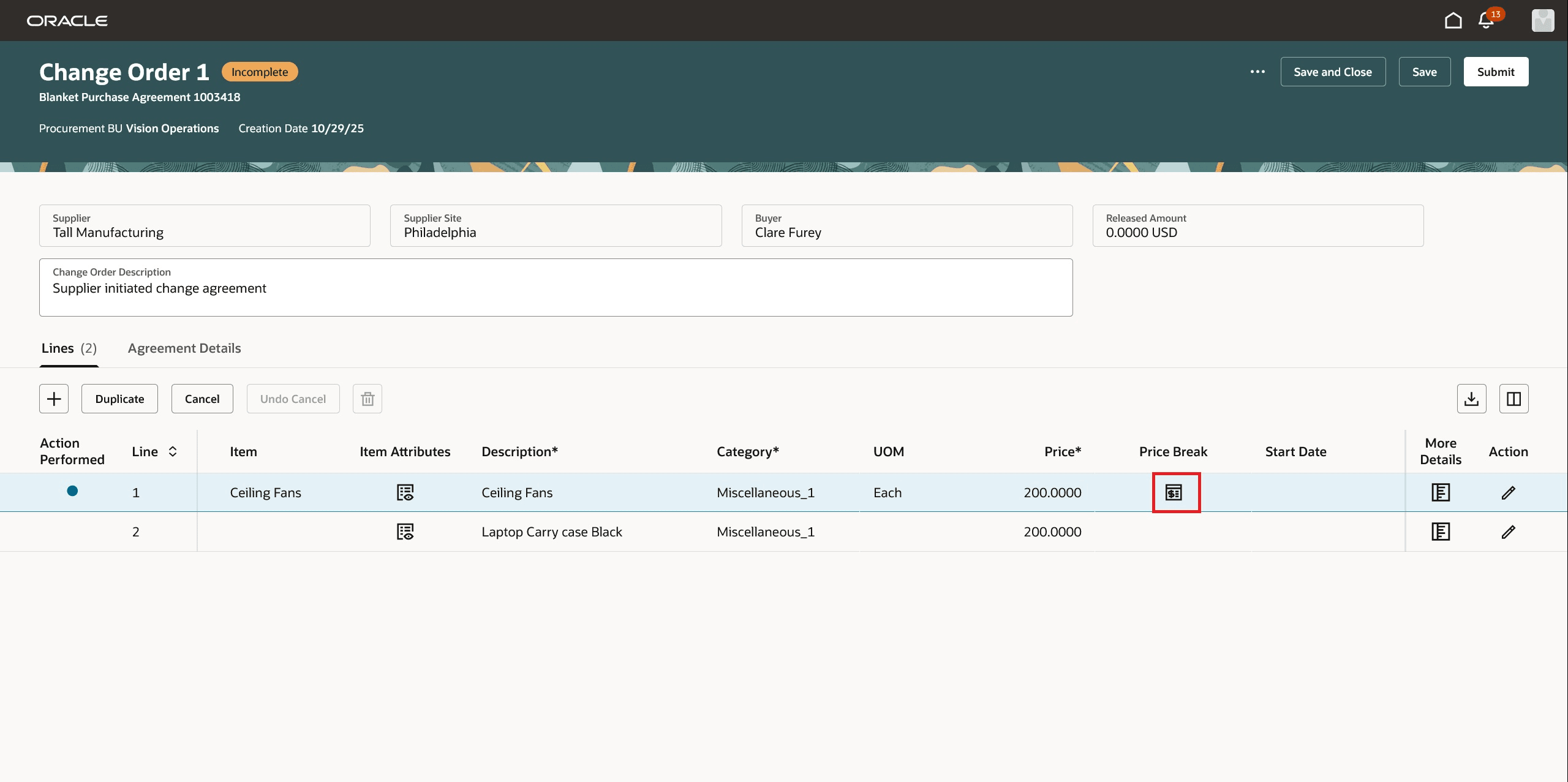 Use the Icon to Open the Price Break for Change Order Lines