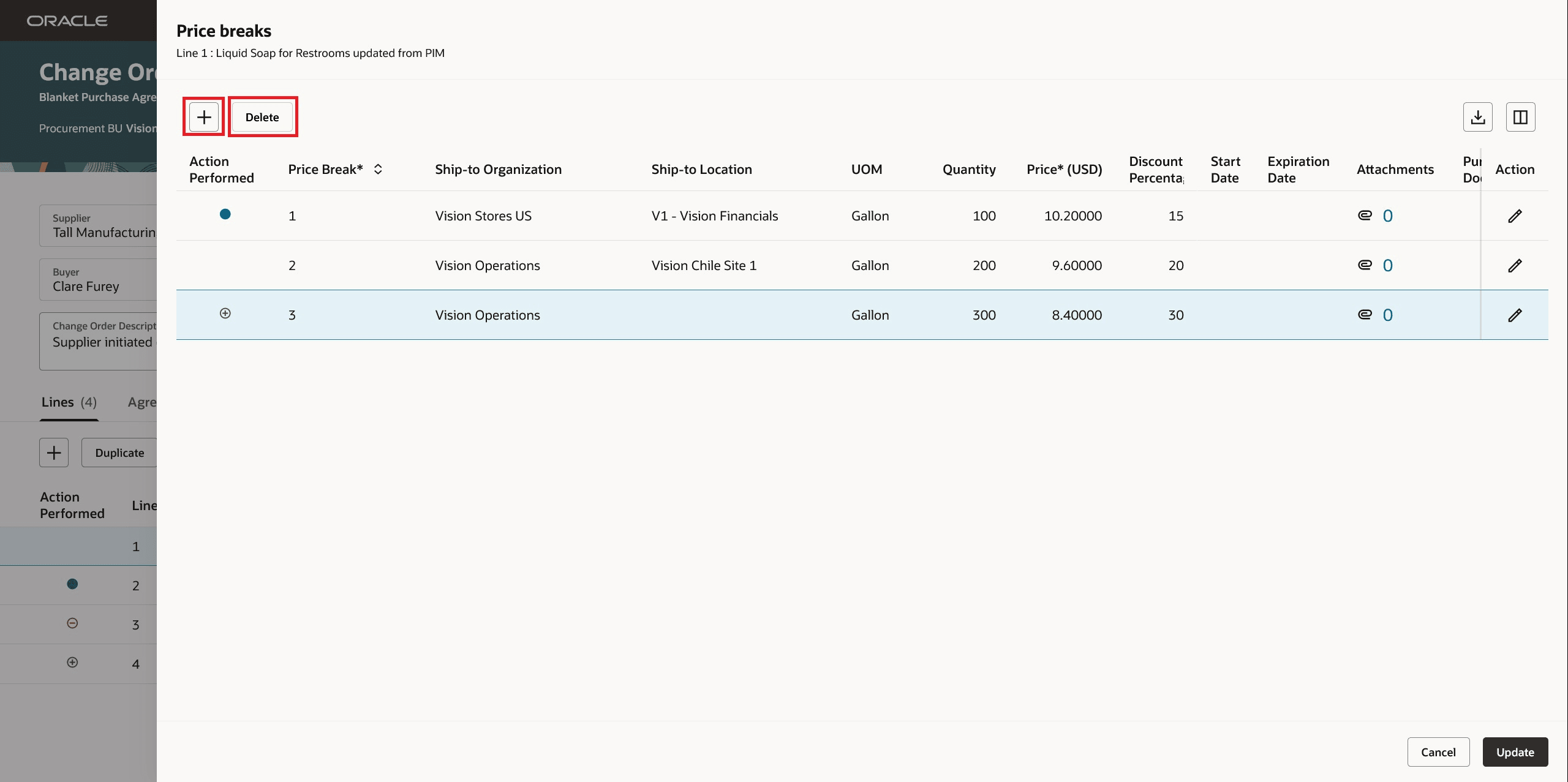 Add and Delete Line Level Actions on a Price Breaks