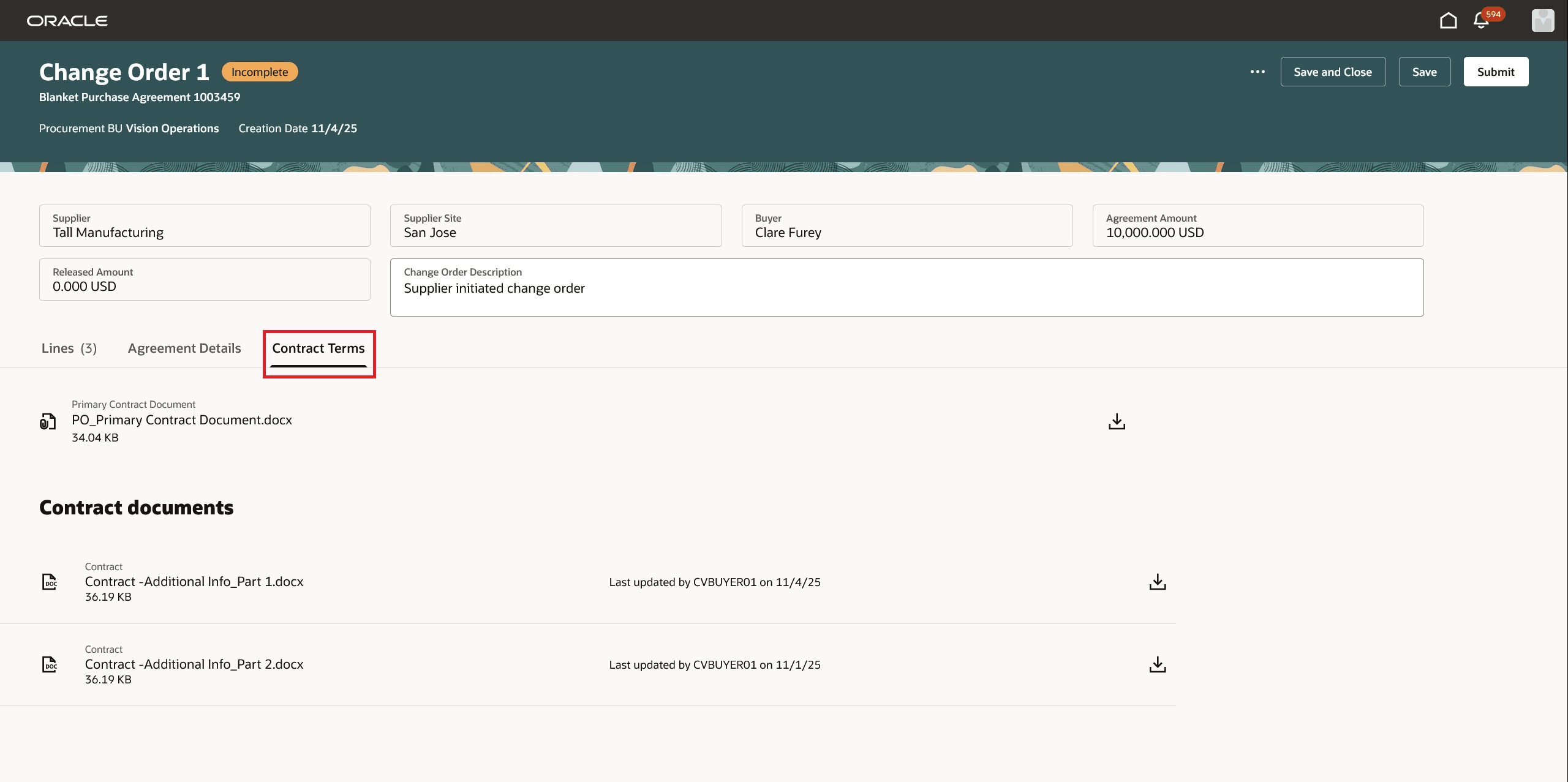 View Contract Documents by Navigating to the Contract Terms Tab