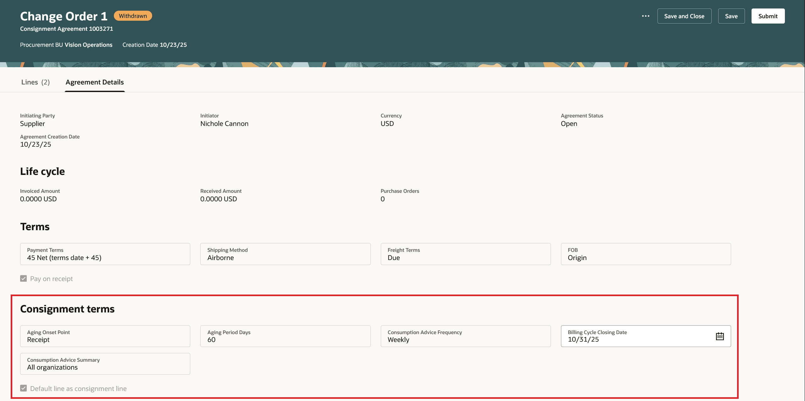 Update Consignment Terms in Agreement Details Tab