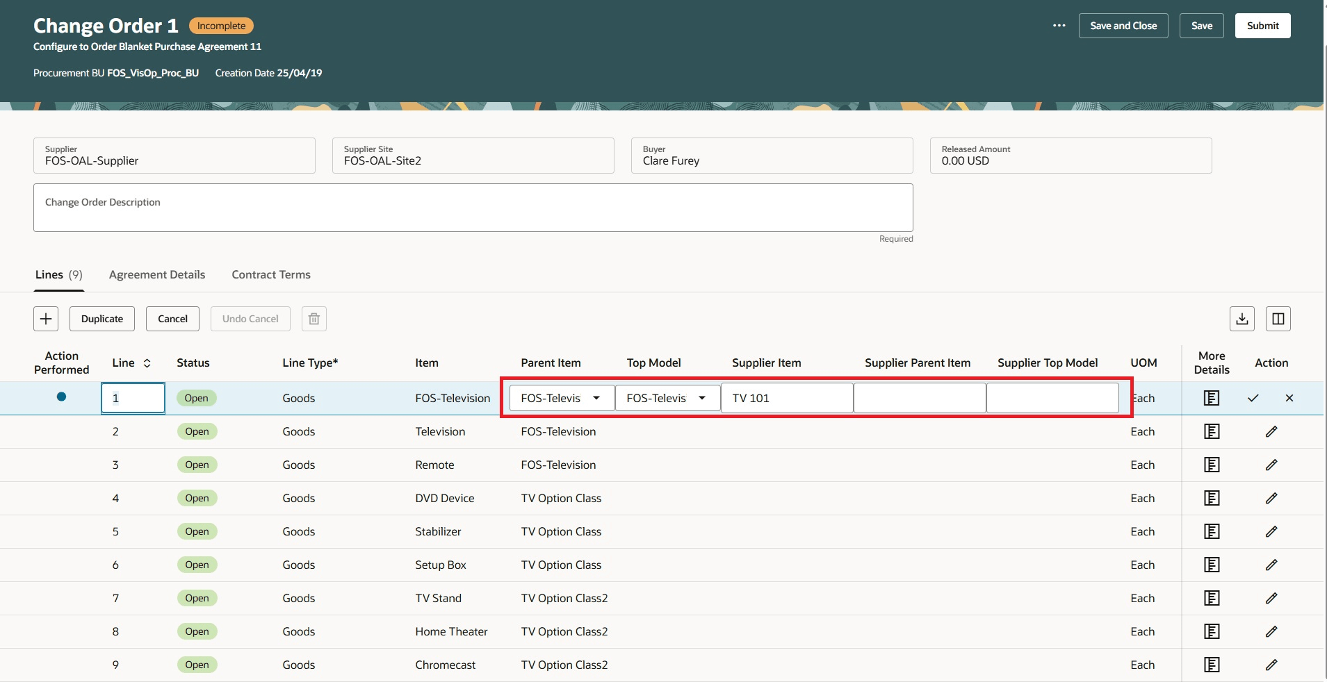 Update Parent Item and Top Model to Specify Attributes for Configuration to Order Agreements on the Change Order