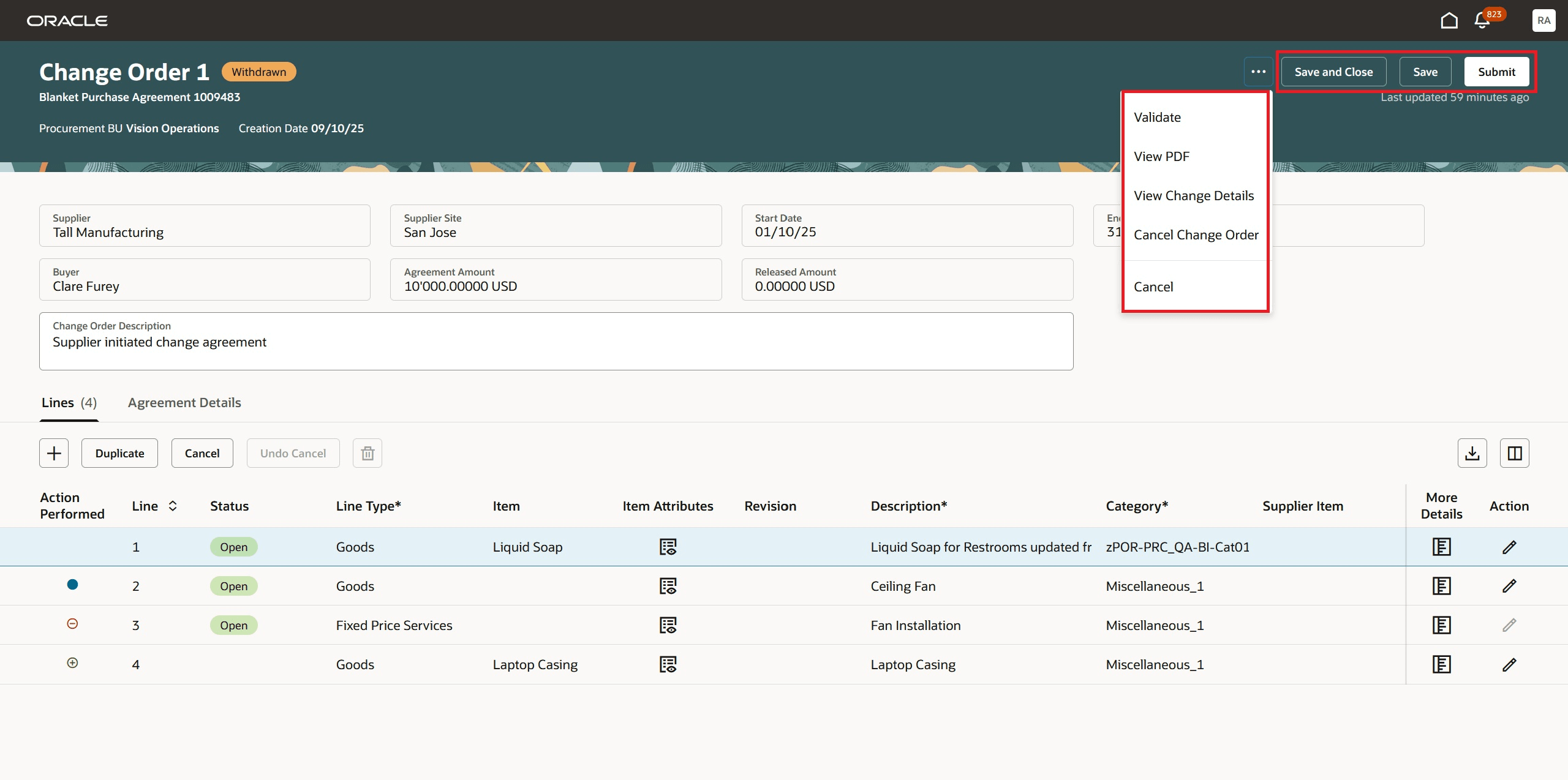 Actions on the Edit Change Order Page for Supplier