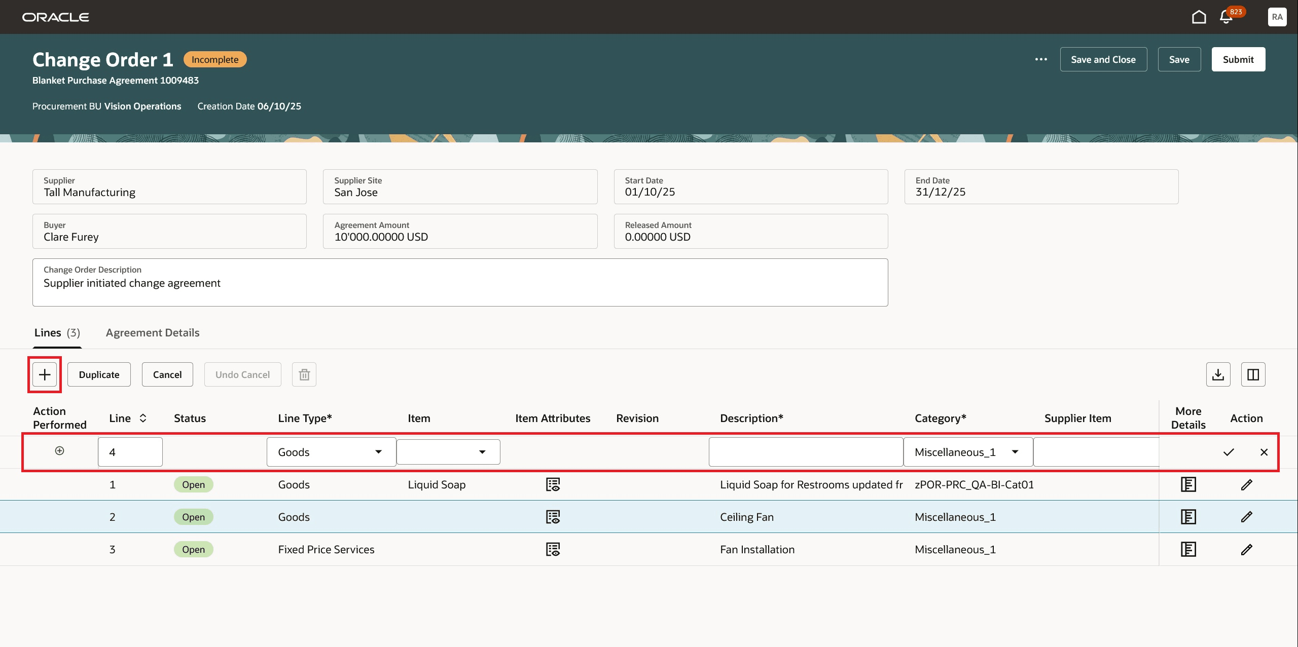 Add New Line to the Change Order Using the Add Icon