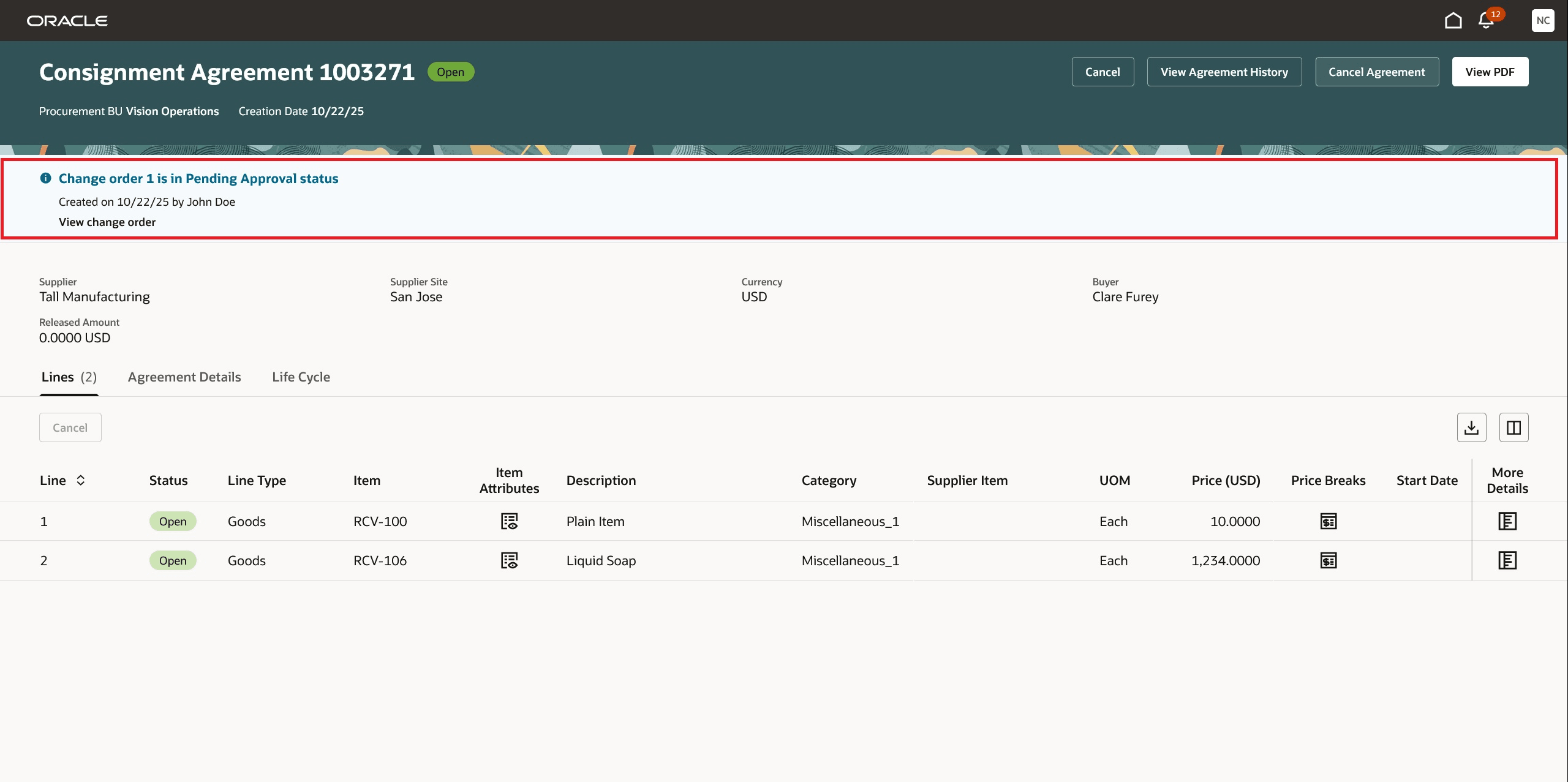 View Change Order from Redwood View Purchase Agreement page