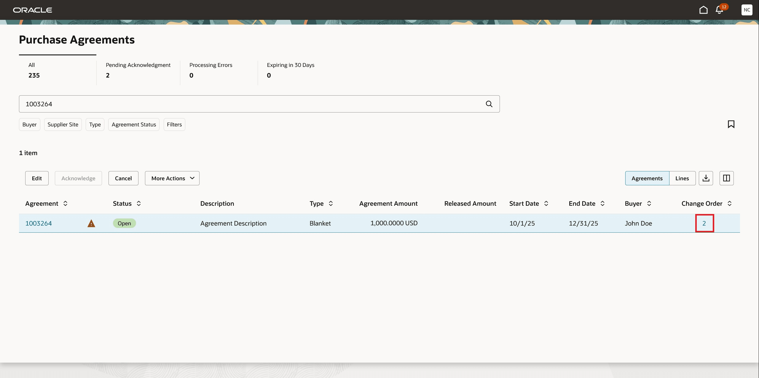 Navigate to Purchase Agreement Change Order by Clicking on the Change Order Hyperlink