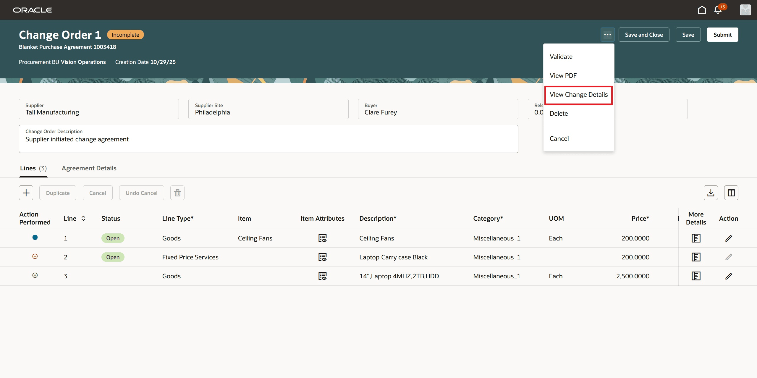 Use View Change Details Action to View Changes in Change Order