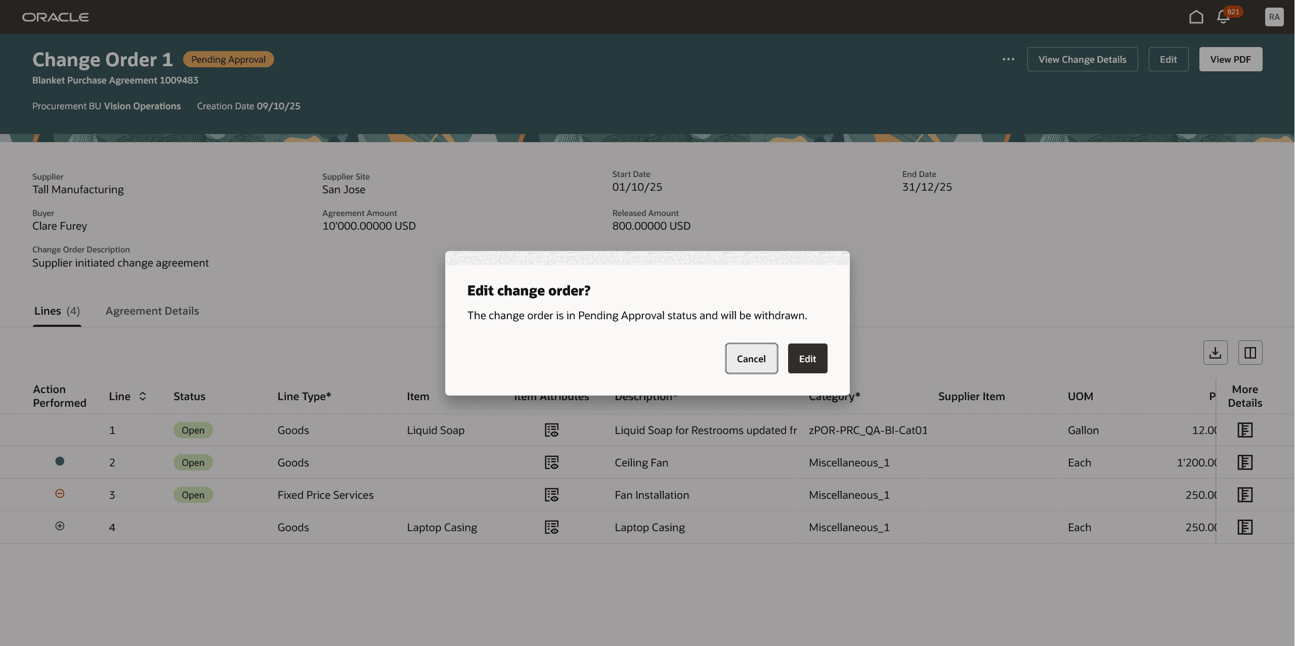 Dialog Message When You Edit a Change Order in Pending Approval Status
