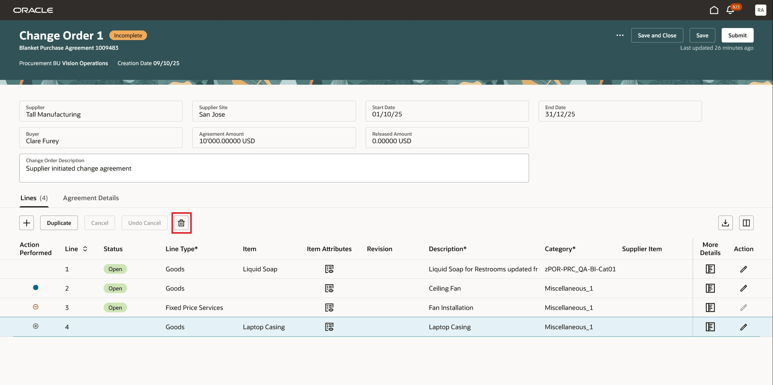 Delete Button on Blanket Purchase Agreement Change Order