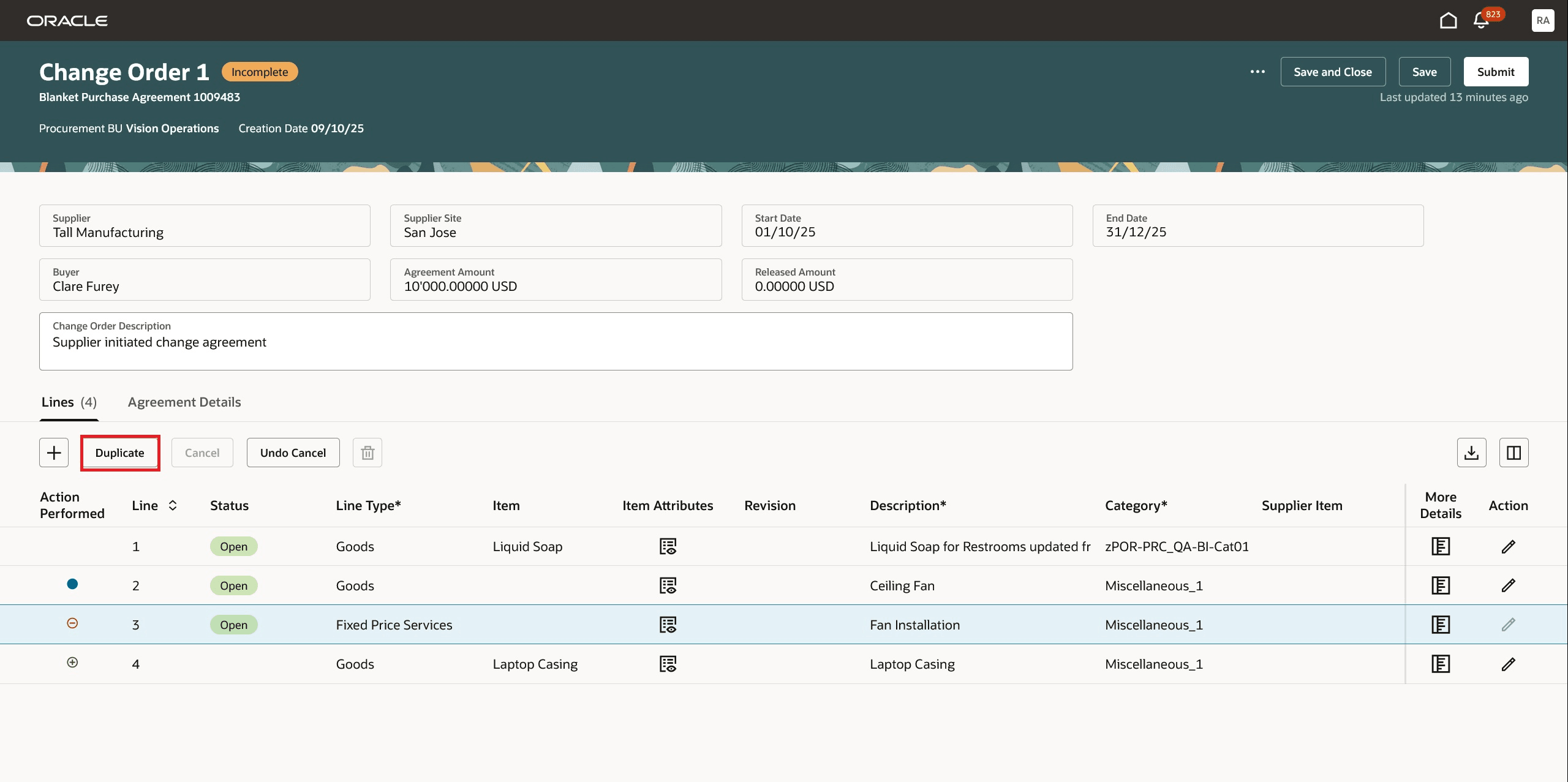 Duplicate Button on Blanket Purchase Agreement Change Order