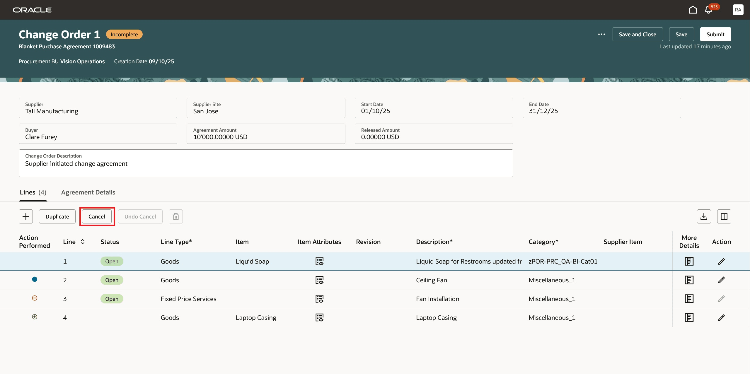 Use the Cancel Button to Cancel an Approved Purchase Agreement Line