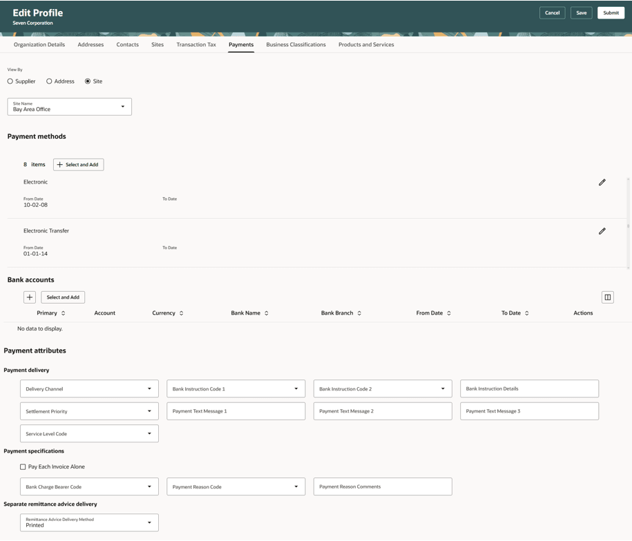 Update Payments Information for a Site
