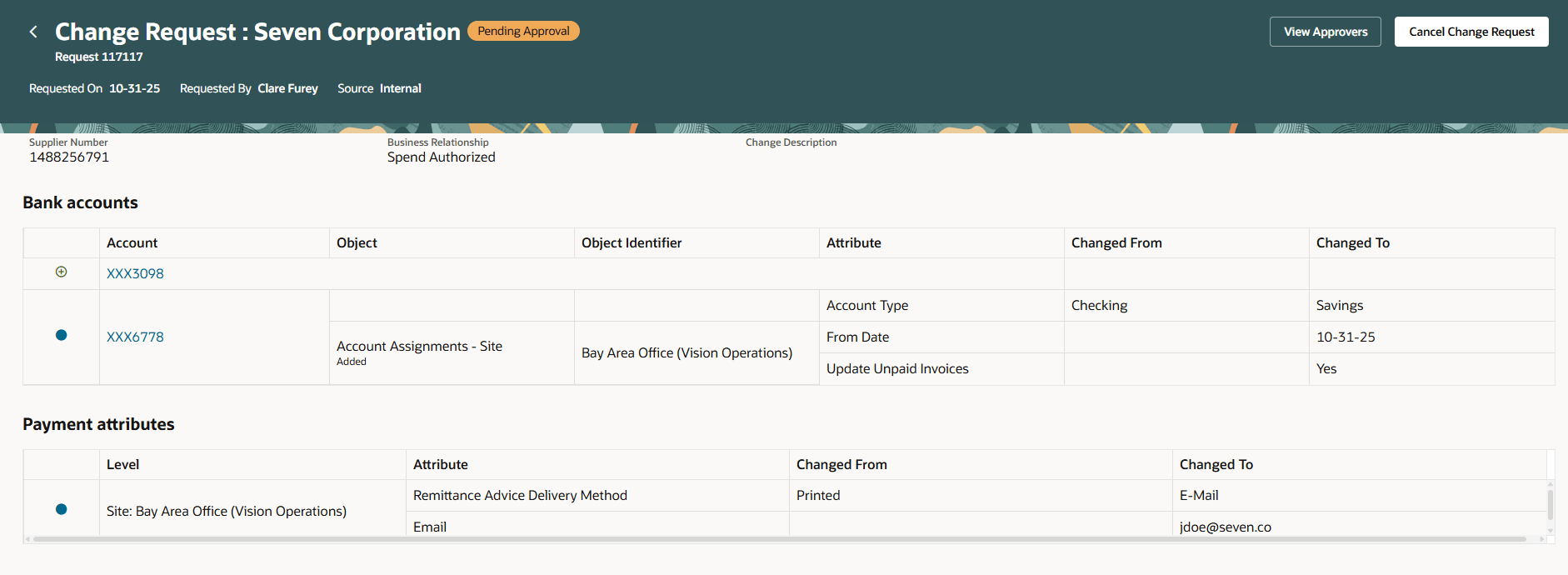 View Change Request with Bank Account and Payment Attribute Changes